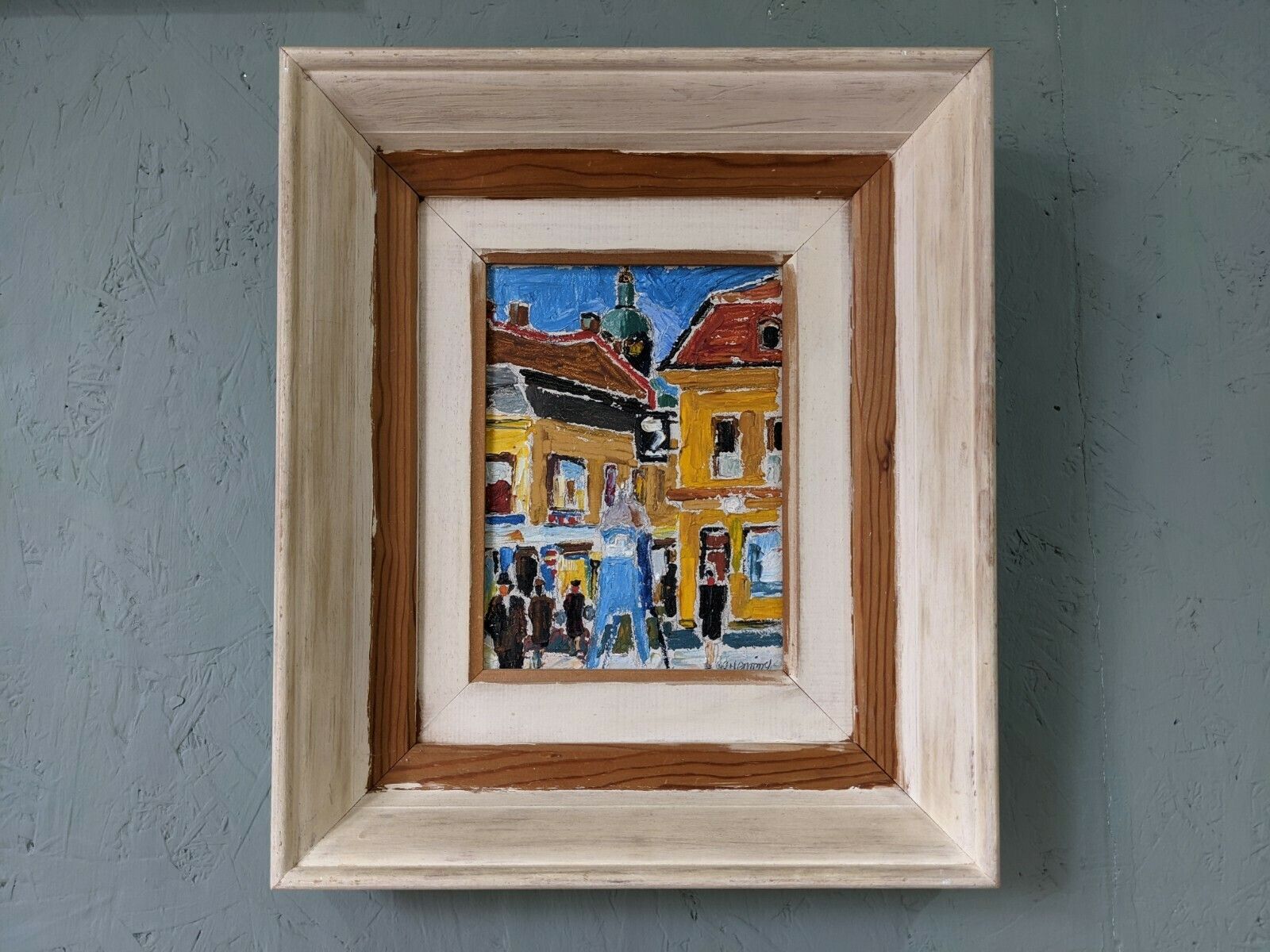 Mid Century Modern Swedish Framed Street Scene Oil Painting, Pedestrians