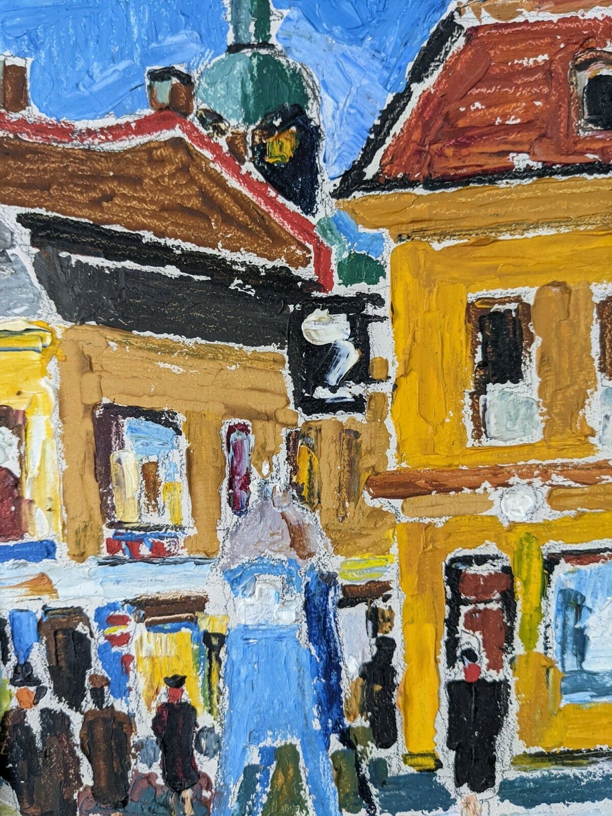 Mid Century Modern Swedish Framed Street Scene Oil Painting, Pedestrians photo buy