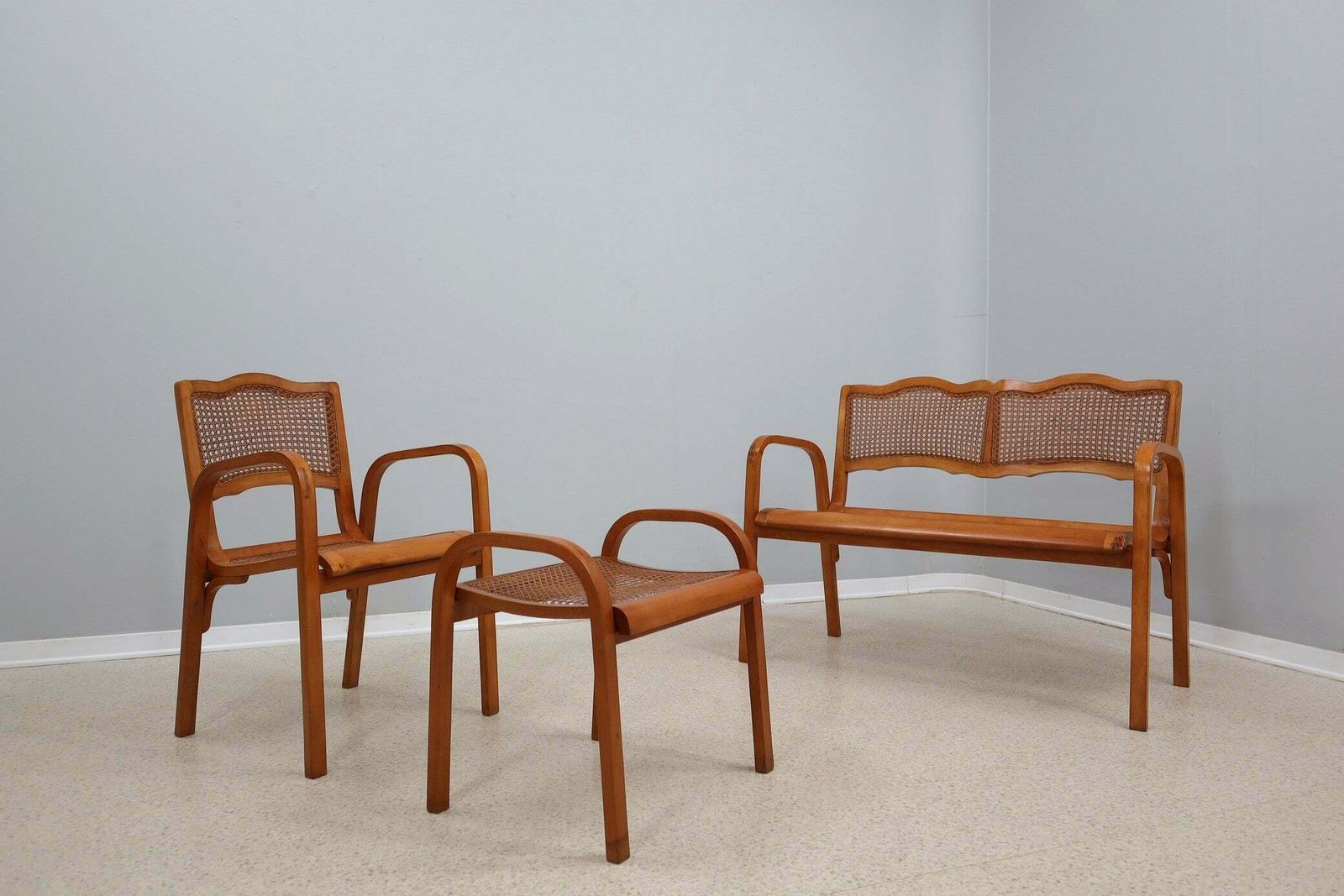 Mid Century Vienna Straw Set 1940s, Bench + Armchair