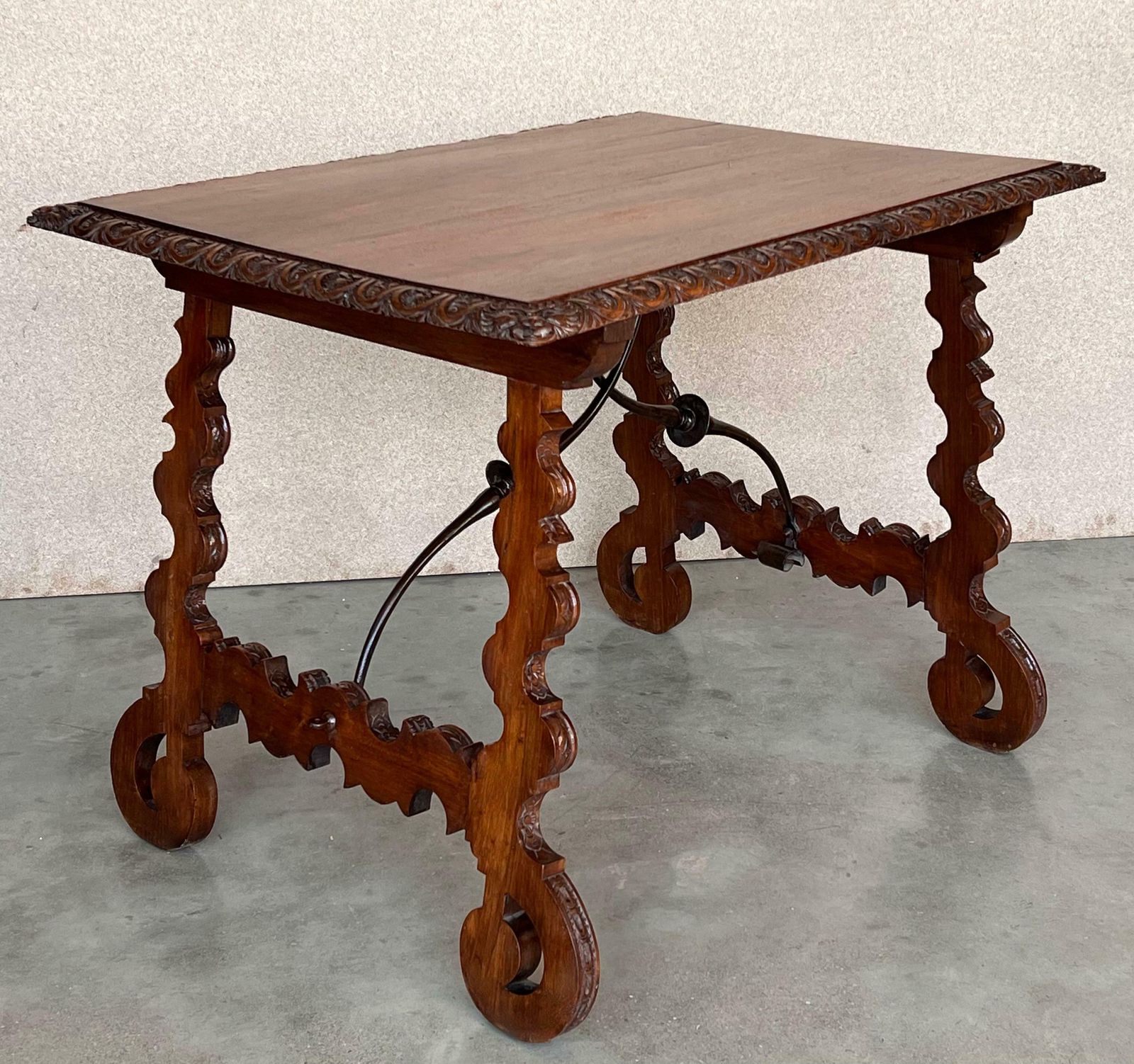 photo furniture Side Table Of Walnut With Carved Lyre Legs And Top Spanish 19th Century