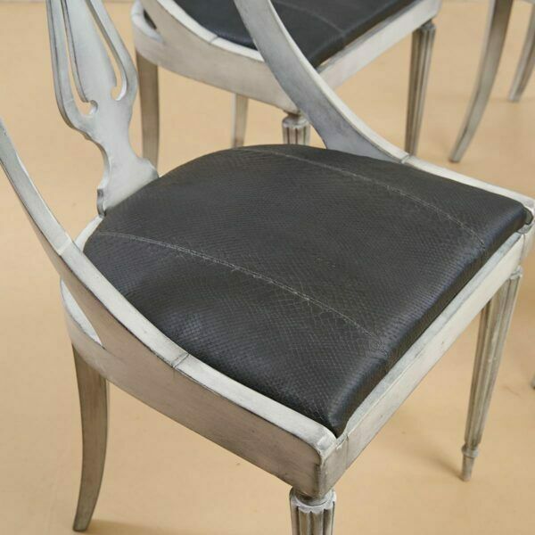 Vintage Gray White Wooden Chairs And Seat In Genuine Gray Snakeskin. photo vinterior