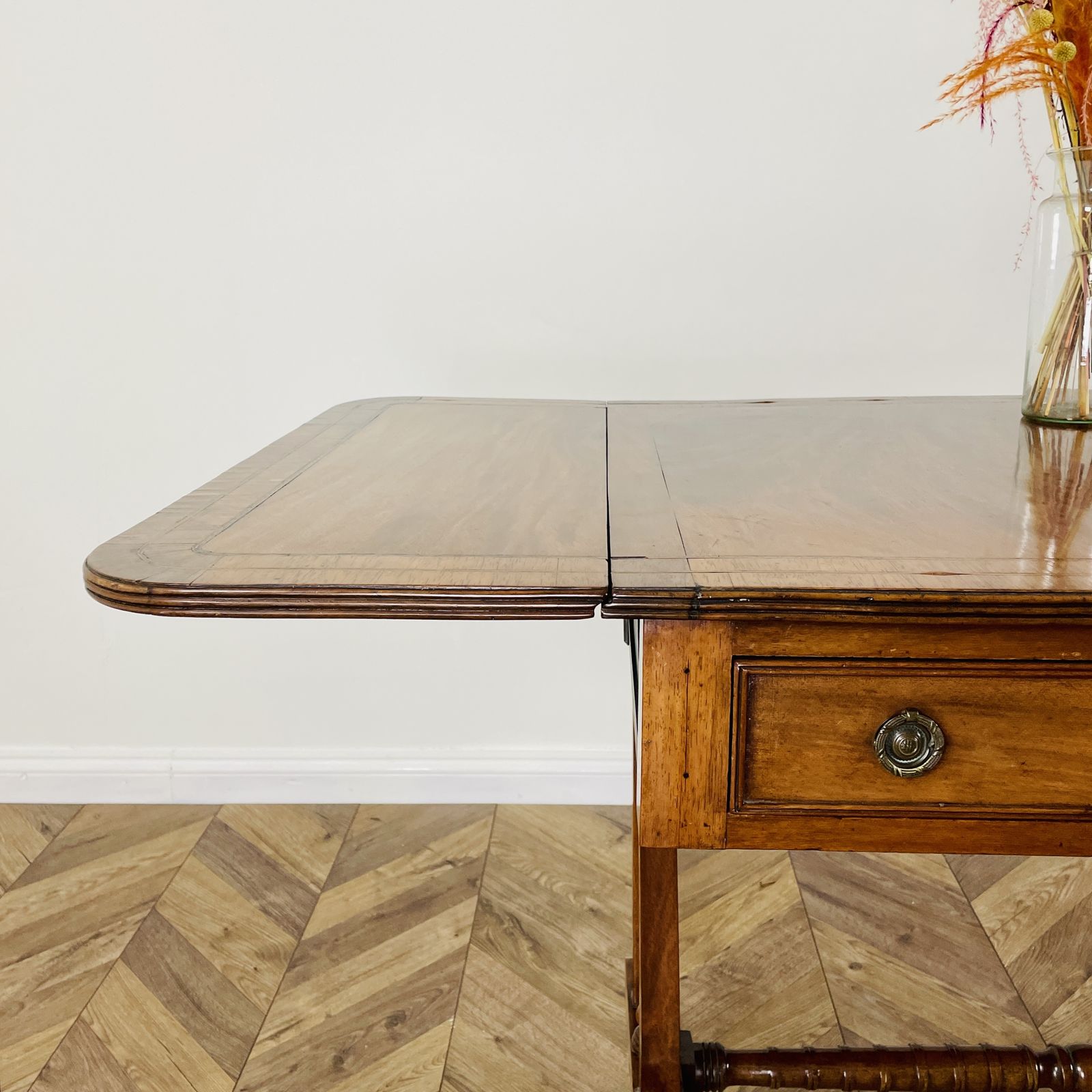 photo for sale Antique English Mahogany Drop Leaf Stretcher Table On Castors, 19th Century