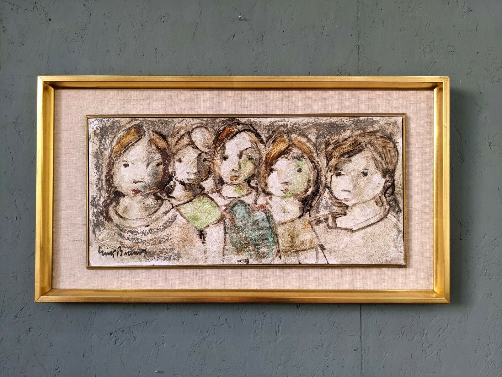 Mid Century Modern Swedish Framed Figurative Oil Painting, 'The Children'