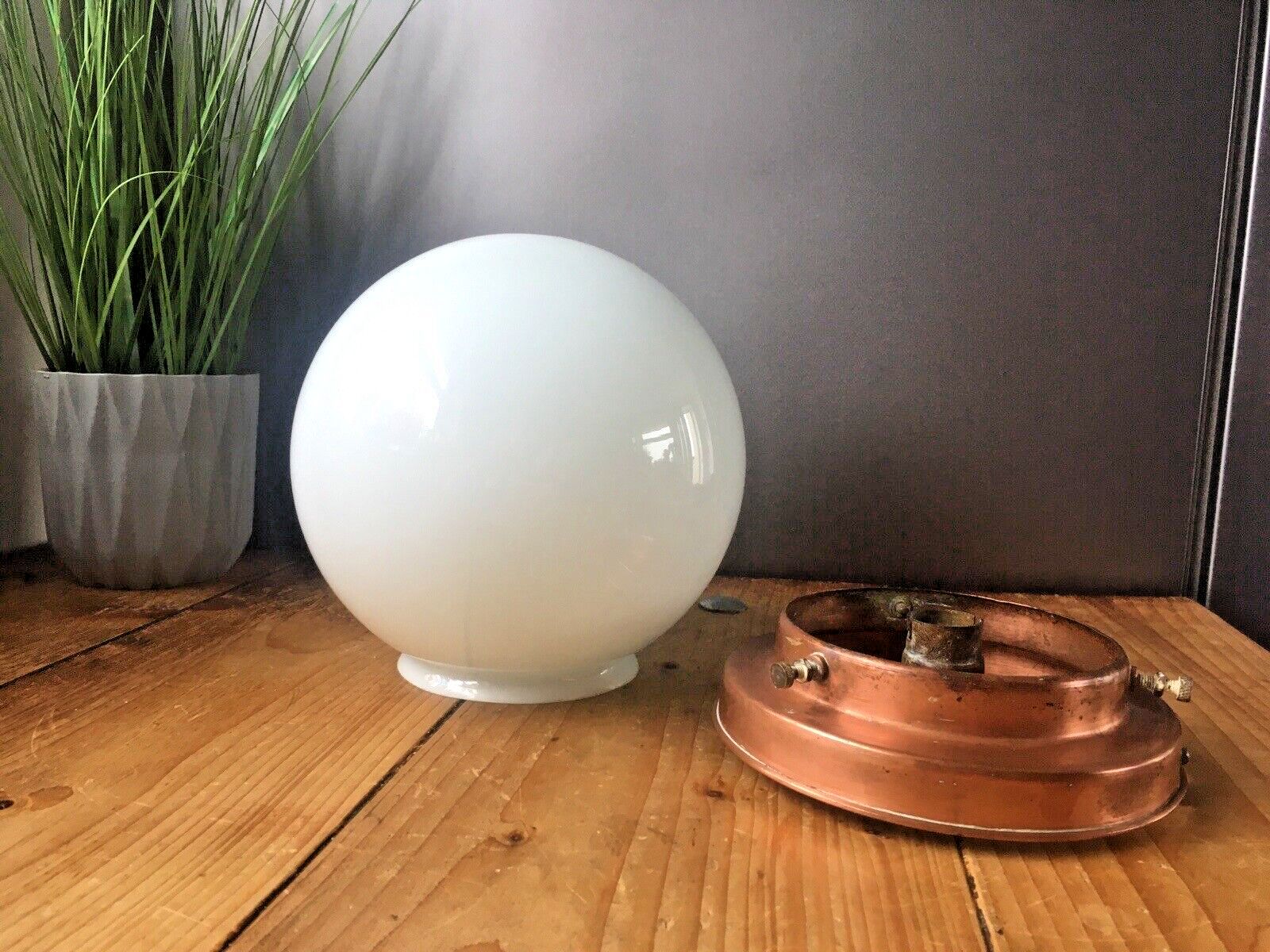 Art Deco Opaline Glass Globe Lamp Shade & Copper Gallery Ceiling Light Fitting photo furniture