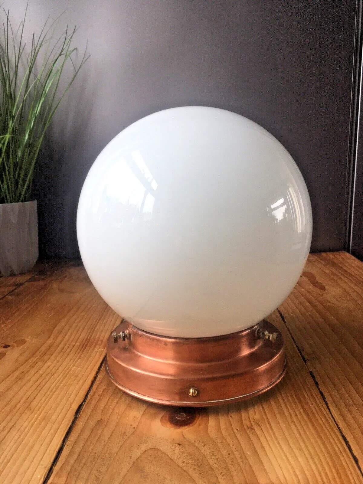 Art Deco Opaline Glass Globe Lamp Shade & Copper Gallery Ceiling Light Fitting photo buy