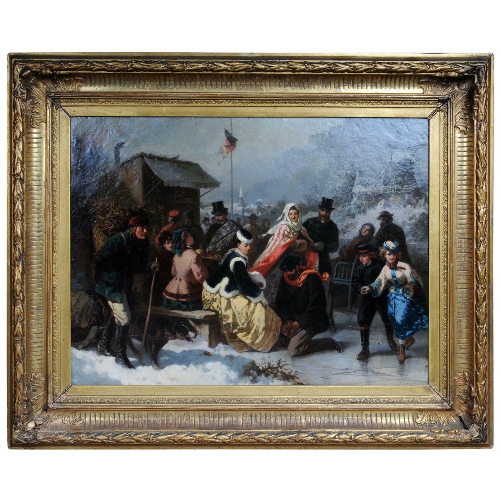 Oil Painting Ice Skating Of A Princess, Germany, 19th Century