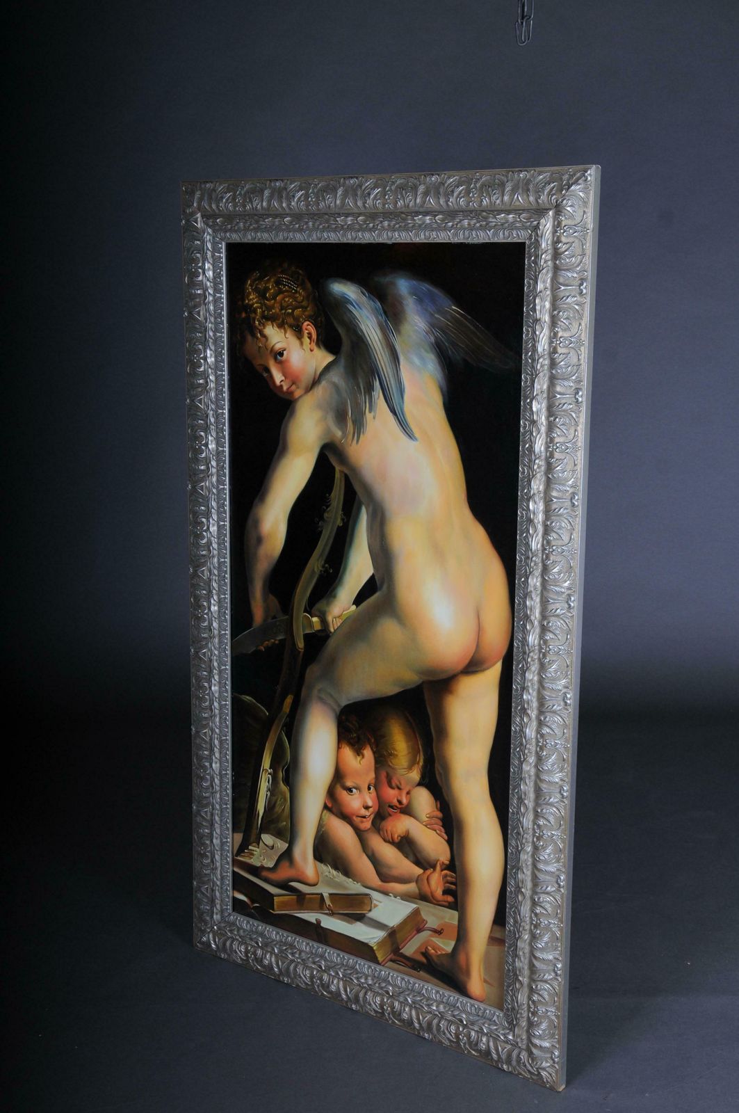 Monumental Oil Painting F. Mazzola, Called Parmigianino   Bow Carving Amor, Rare photo furniture