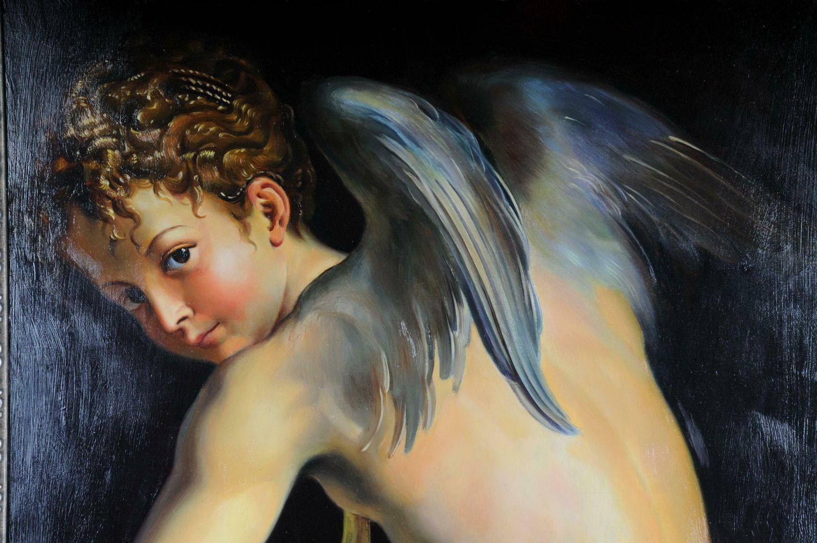 photo furniture Monumental Oil Painting F. Mazzola, Called Parmigianino   Bow Carving Amor, Rare