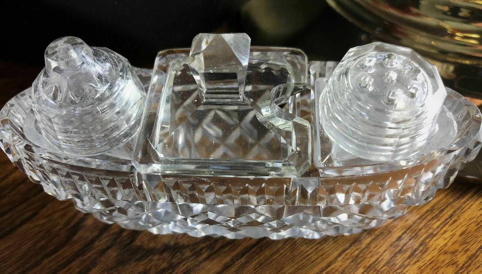 Small Art Deco Cut Glass Boat Shaped Cruet Set