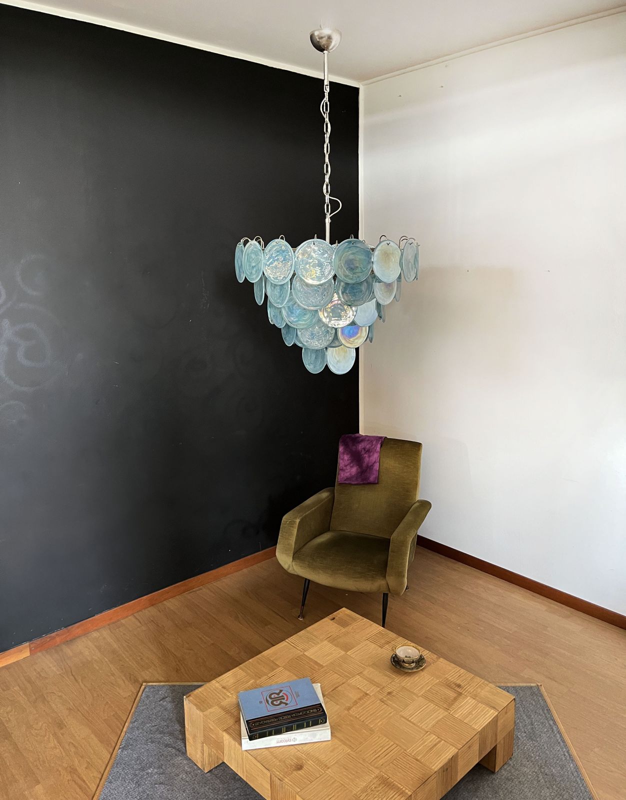 High Quality Murano Chandelier Space Age   57 Blue Albaster Iridescent Glasses