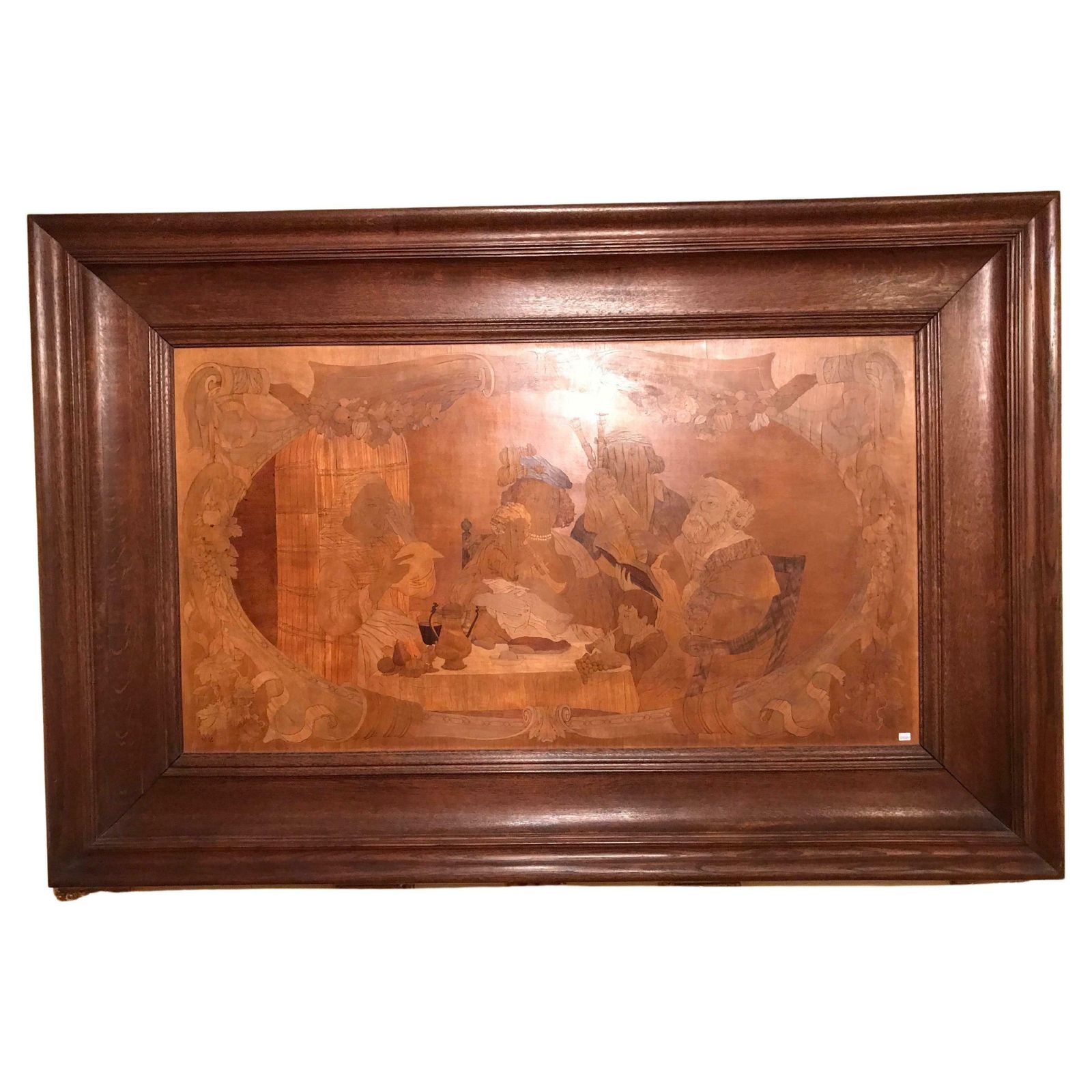 Monumental Old Wood Inlaid Mural, Signed W. V. Naive Art