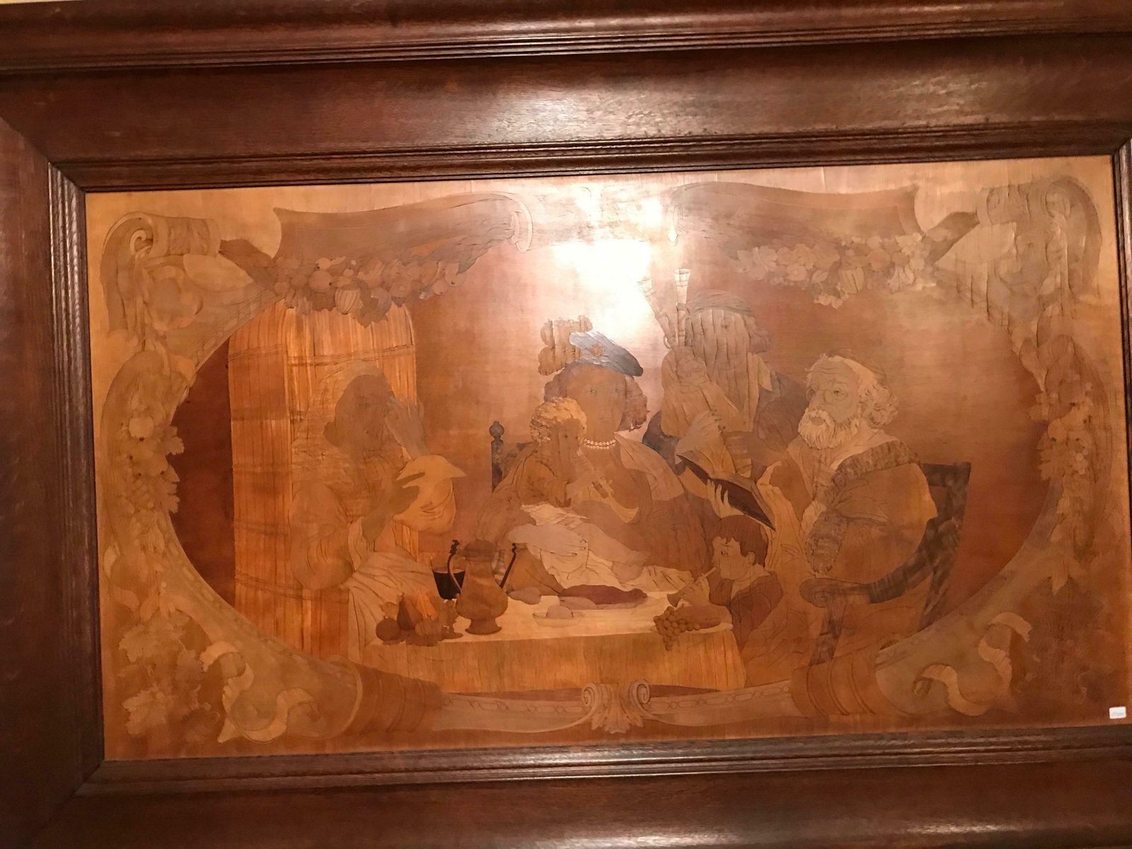 Monumental Old Wood Inlaid Mural, Signed W. V. Naive Art photo Art