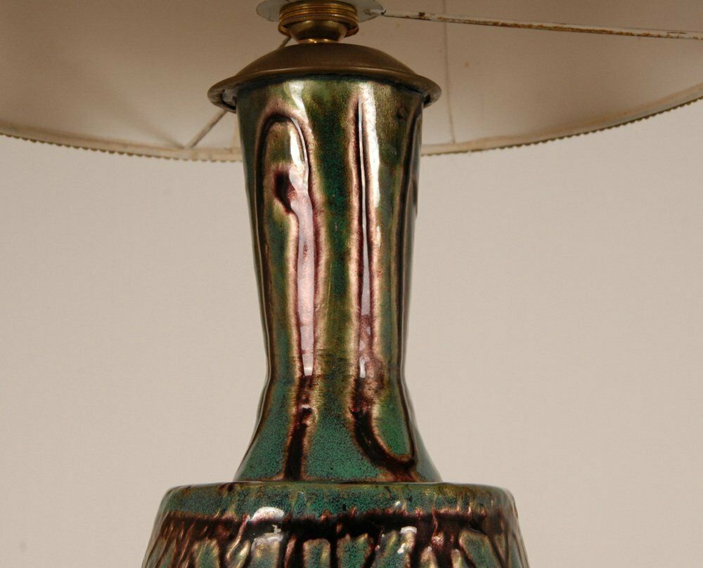 photo for sale French Art Deco Geometric Table Lamps In Enamel On Copper Camille Faure, 18th Century, Set Of 2
