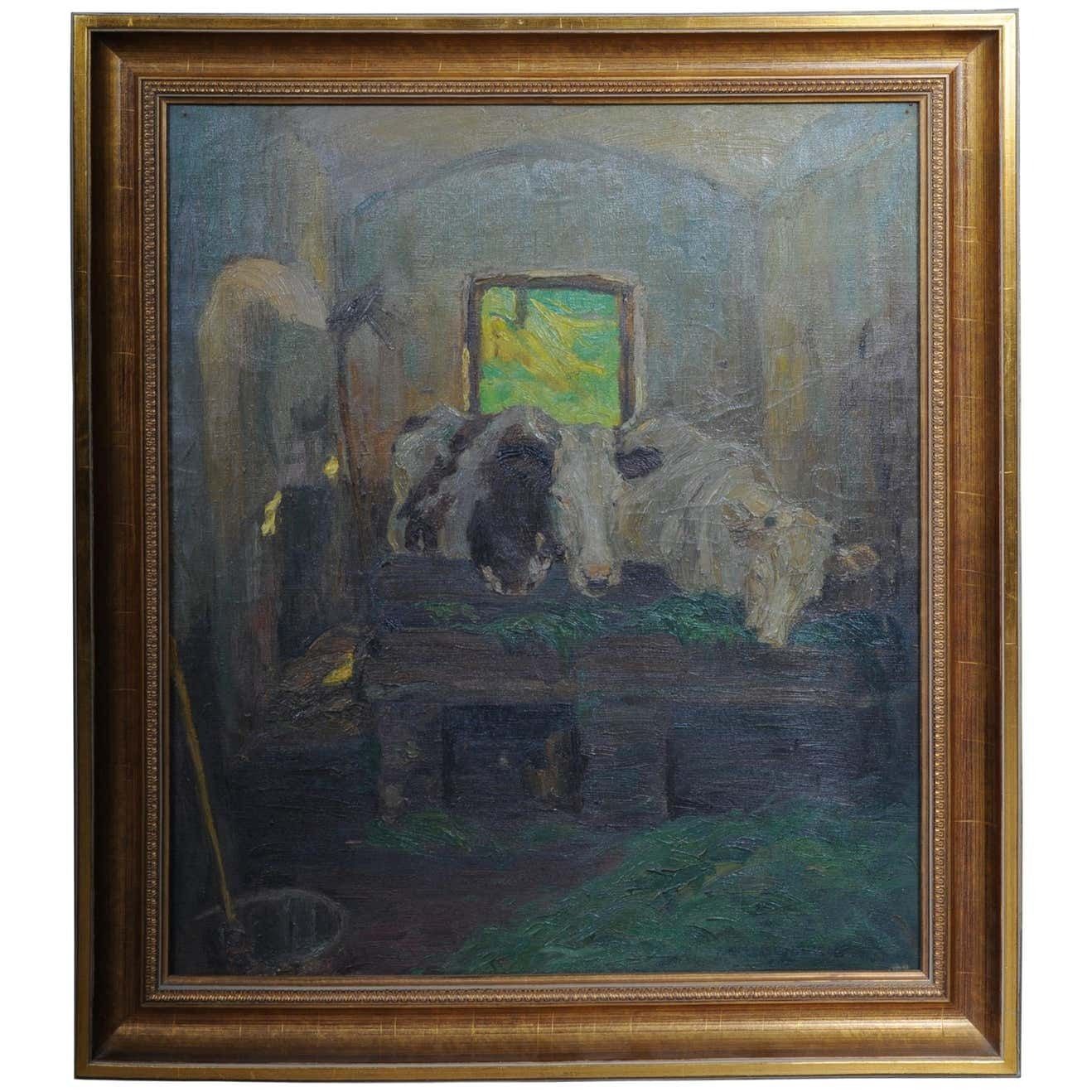 Oil Painting Cows In The Stall Sign Felix Eisengräber, 1920