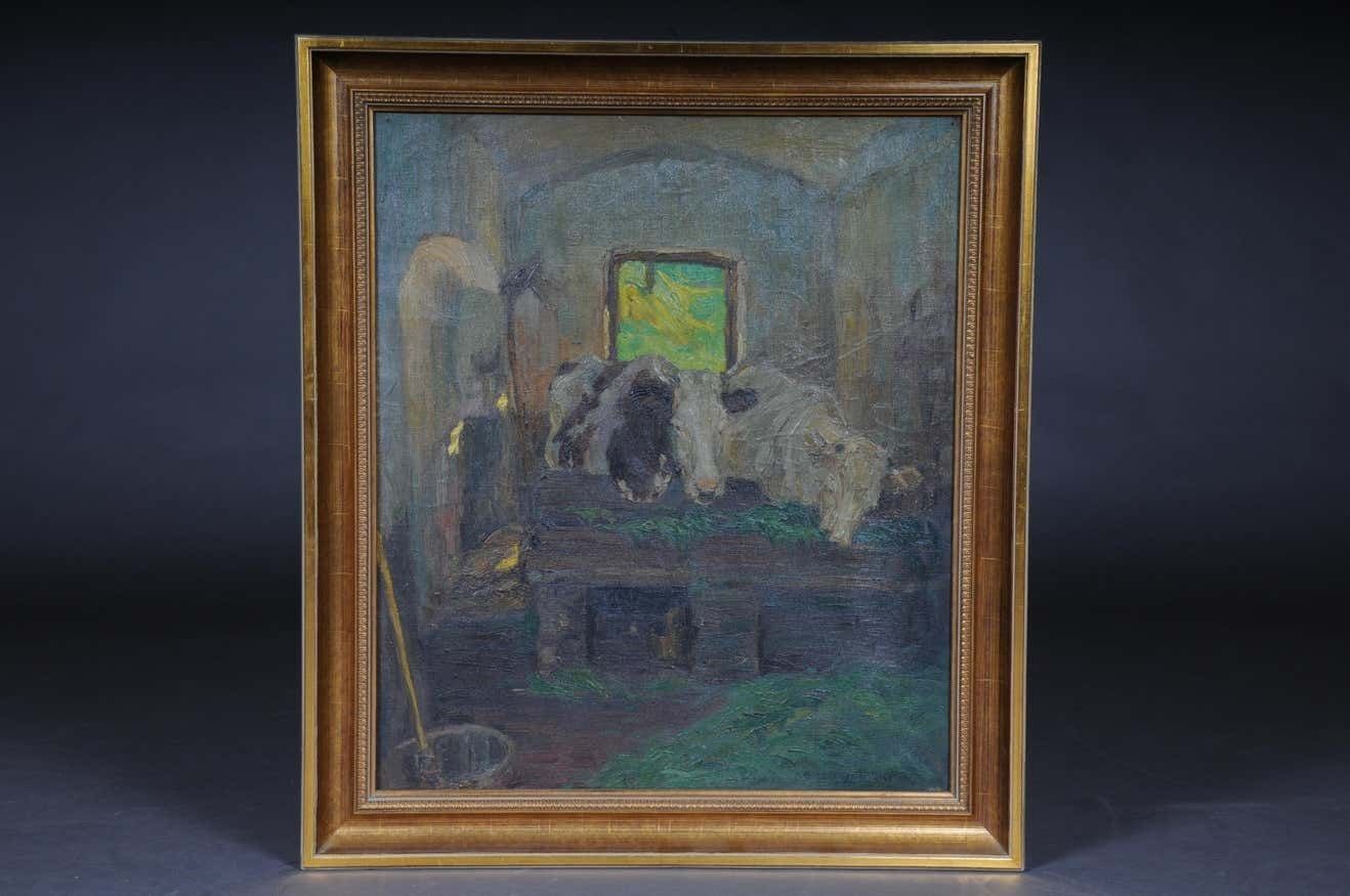 Oil Painting Cows In The Stall Sign Felix Eisengräber, 1920 photo furniture