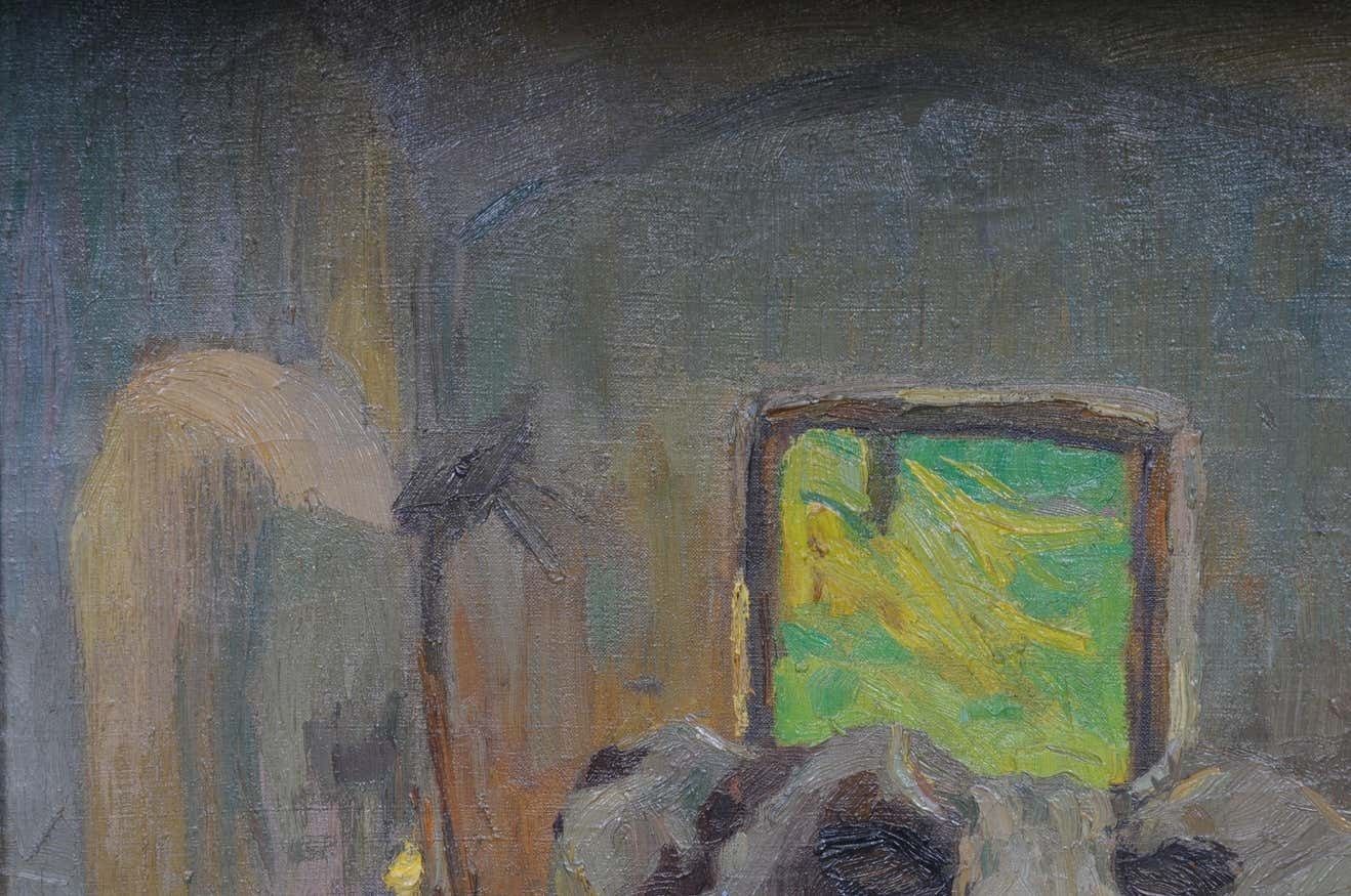 Oil Painting Cows In The Stall Sign Felix Eisengräber, 1920 photo vintage
