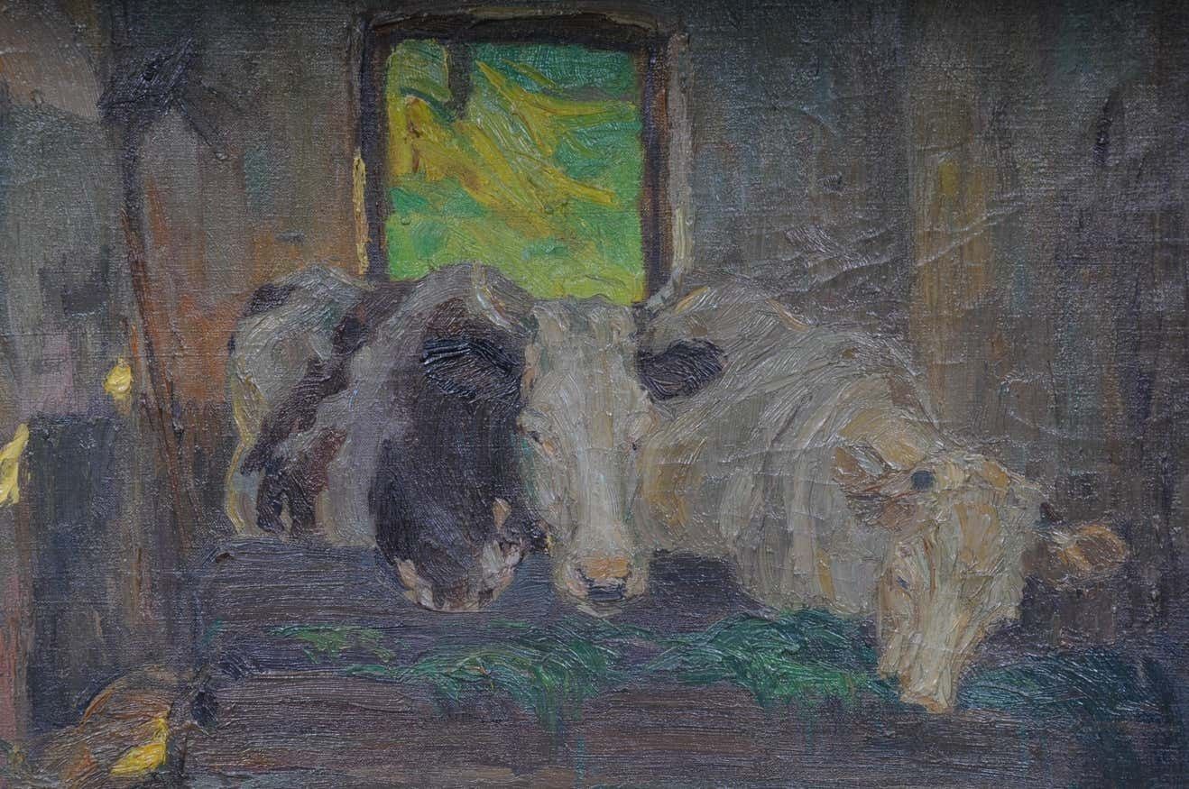 photo vinterior Oil Painting Cows In The Stall Sign Felix Eisengräber, 1920
