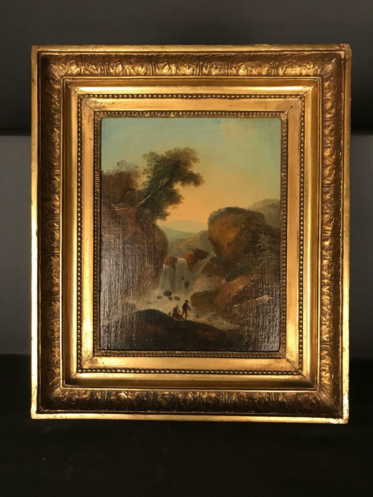 Oil Painting Waterfall In The Roman Mountains, 18th Century photo furniture