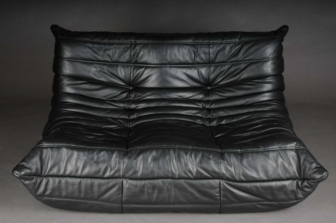Two Seat Togo Sofa Black Leather By Michel Ducaroy Ligne Roset France photo furniture