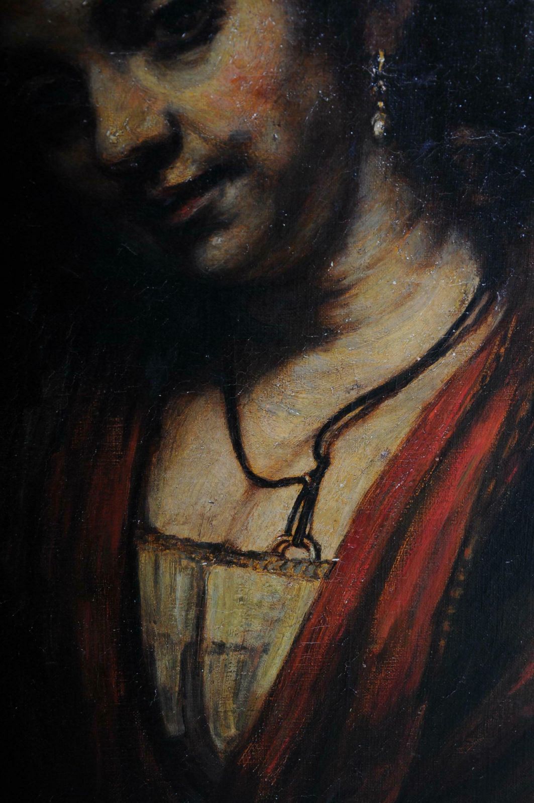 photo vintage 19th Century Oil Painting Rembrandt & H. Van Rijn, Young Woman Open Neckline