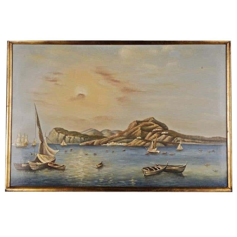 20th Century Naturalistic Oil Painting Romantic Summery View On The Pier