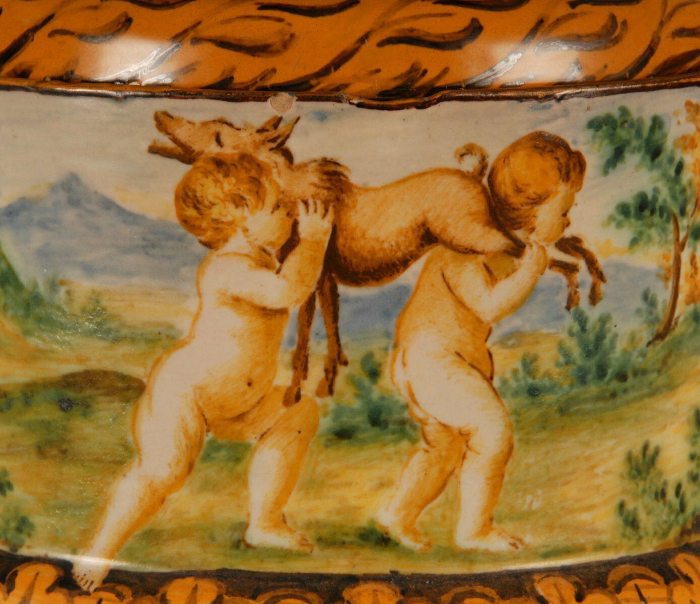 photo furniture Tall Italian Majolica Serpentine Handles Vase With Separate Base Depicting Mythological Scene By Annibale Carracci, Farnese Gallery, Rome, 1597