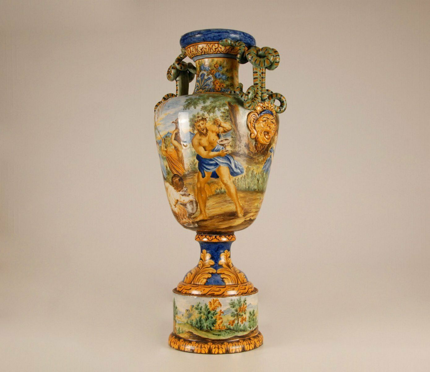 6974.0 Tall Italian Majolica Serpentine Handles Vase With Separate Base Depicting Mythological Scene By Annibale Carracci, Farnese Gallery, Rome, 1597 photo