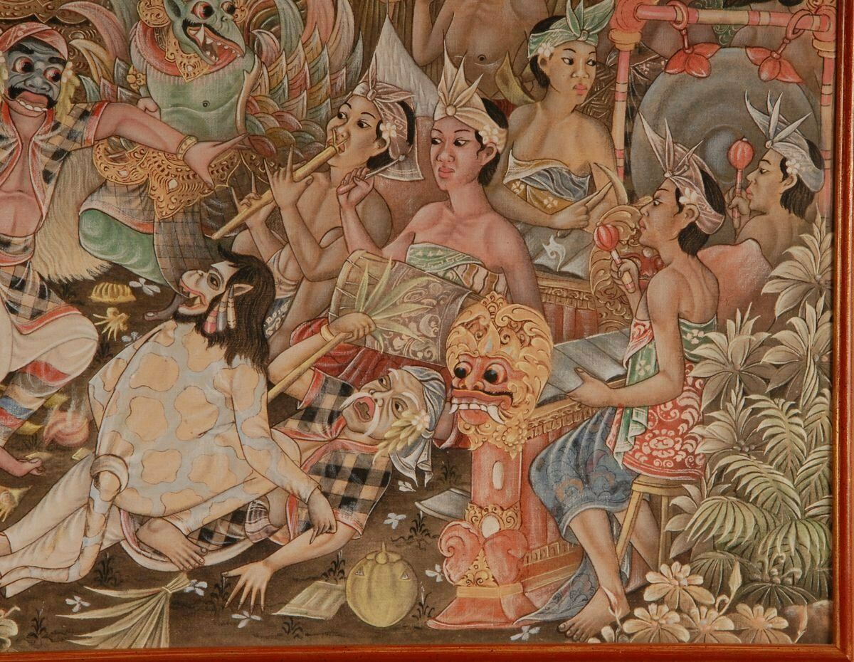 Mid Century Indonesian Painting Of Carnival On Bali Ubud By M. Sudarta, 1960s photo vintage