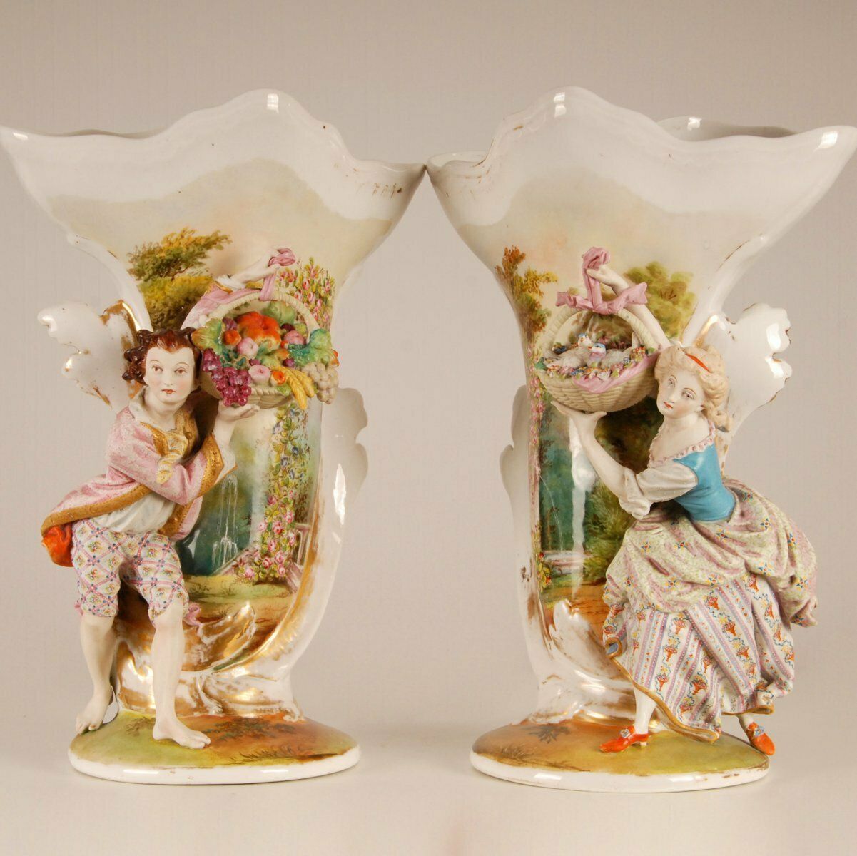 photo furniture 19th Century French Hand Crafted And Hand Painted Porcelain Belle Epoque Vases, Set Of 2