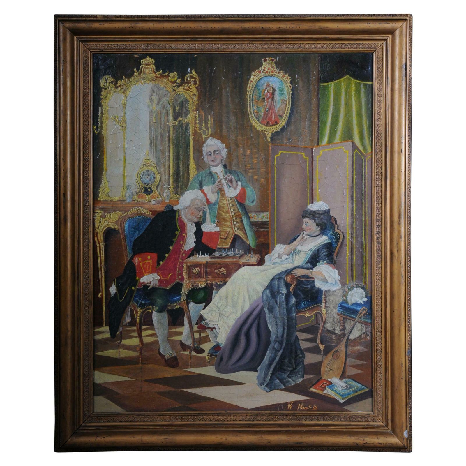 Large Oil On Canvas Rococo Painting, Circa 1900