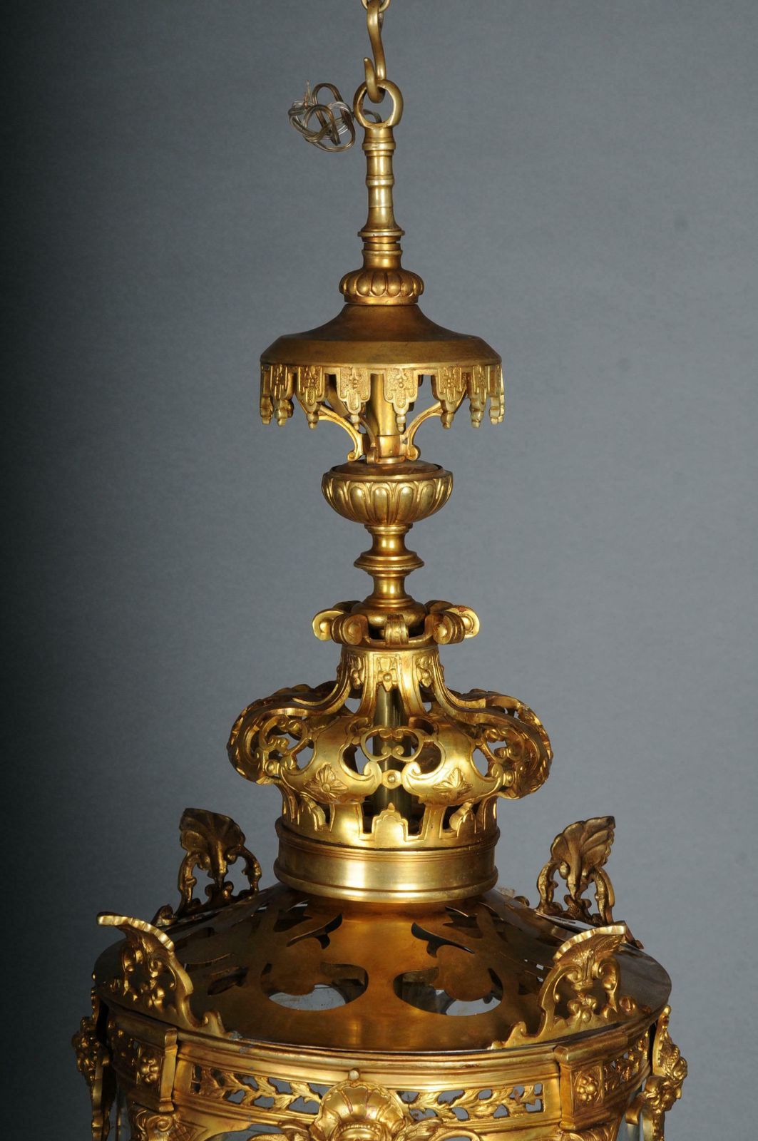 French Fire Bronze Brass Lantern Chandelier Louis XVI Shape photo for sale