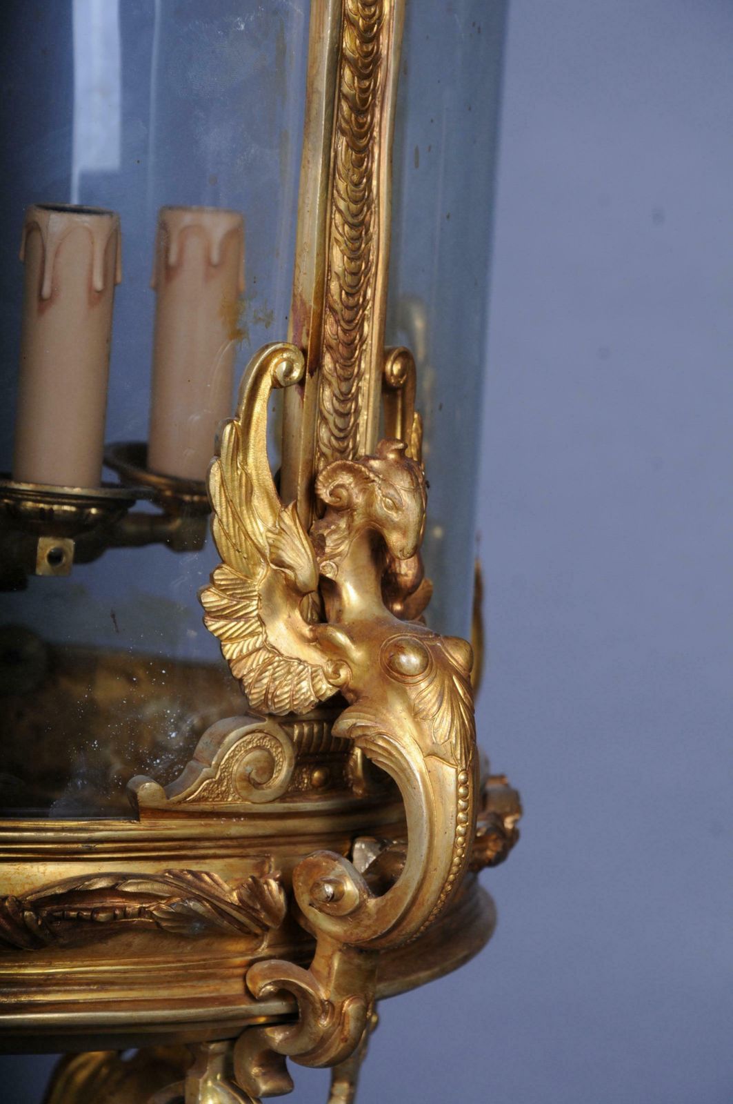 French Fire Bronze Brass Lantern Chandelier Louis XVI Shape photo vinterior
