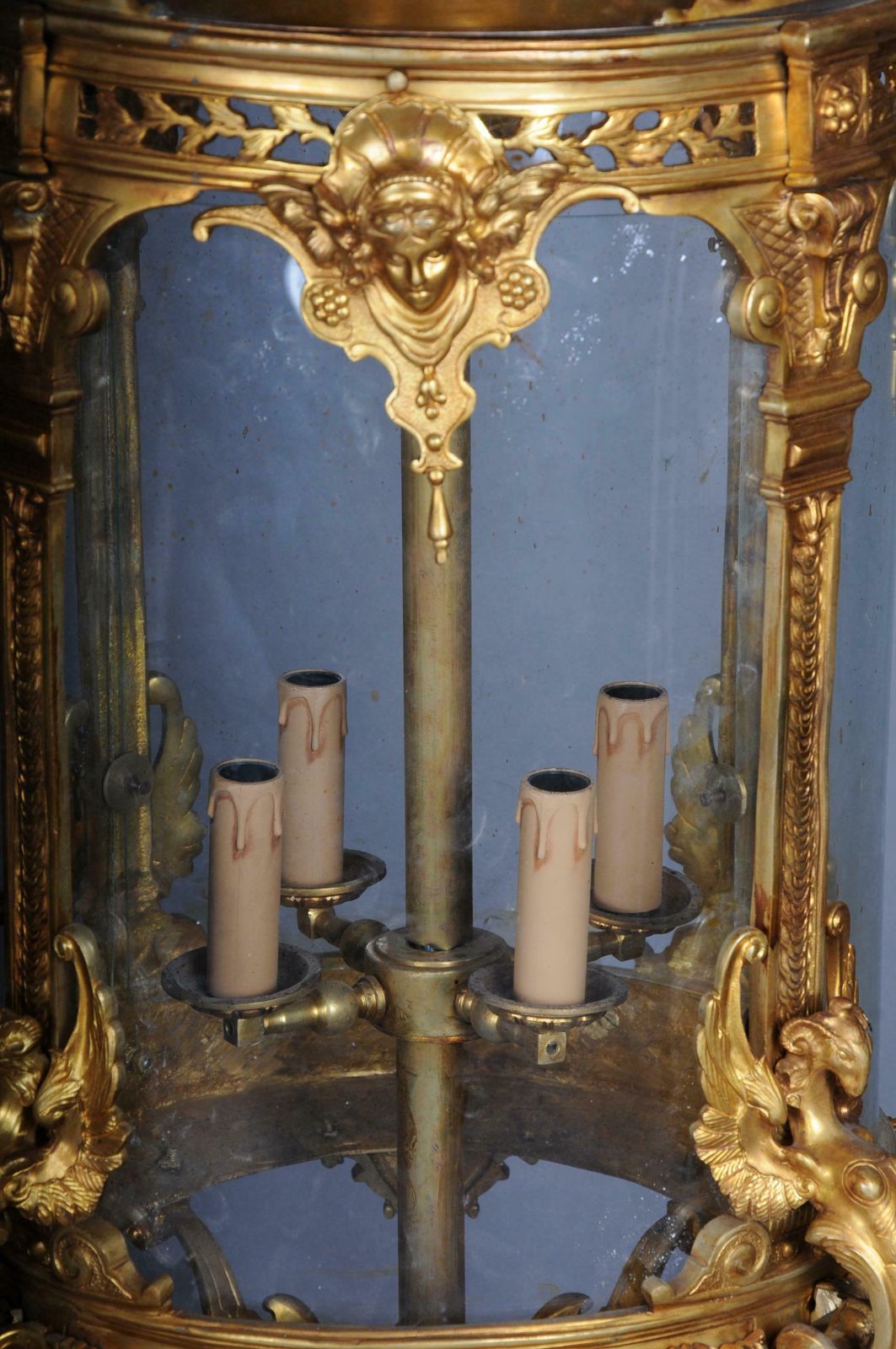 photo for sale French Fire Bronze Brass Lantern Chandelier Louis XVI Shape