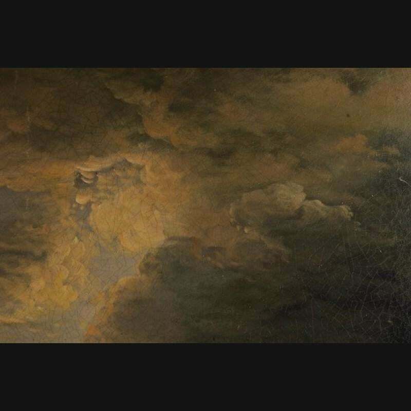 photo for sale 20th Century Unique Oil Painting Stormy Coastal Landscape With Sailing Ships