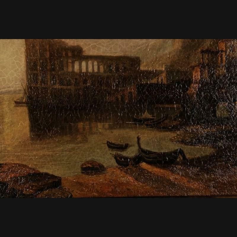 20th Century Oil Painting Palace Of Queen Of Naples, Venetian Coastal Landscape photo Art