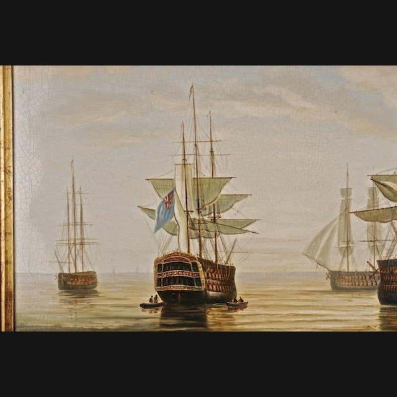 20th Century Oil Painting English Battleships In Coastal Waters photo Art
