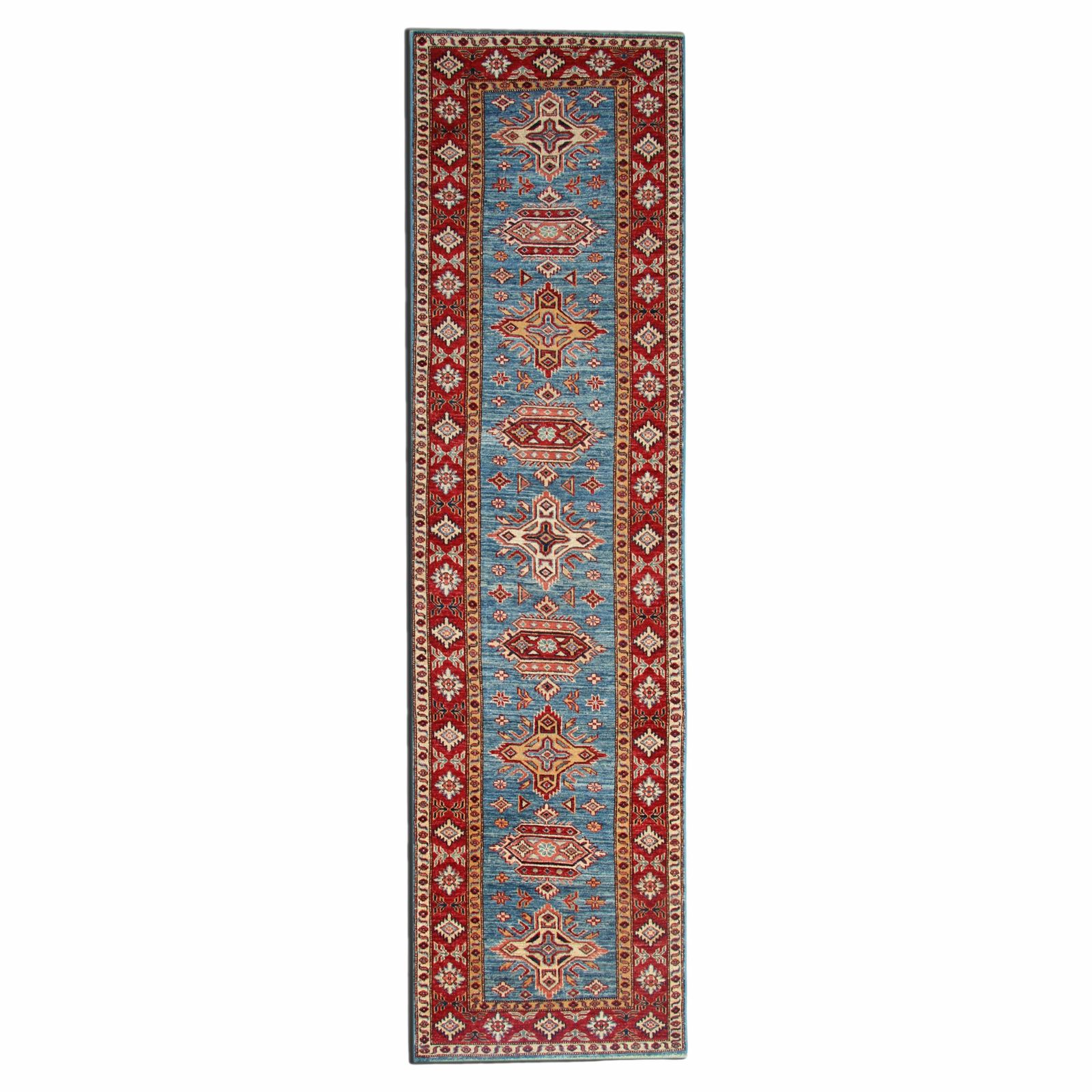 Handmade Runner Rug Traditional Kazak Carpet Rug Blue Geometric Runner