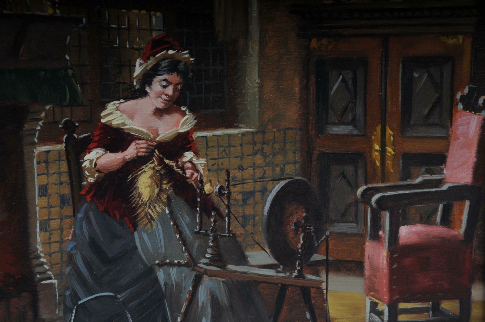 Oil Painting Lady At The Spinning Wheel, 20th Century photo Art