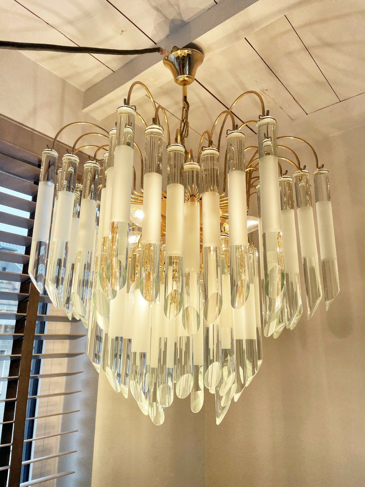 Vintage Italian Brass And Glass Chandelier, 1970s photo for sale