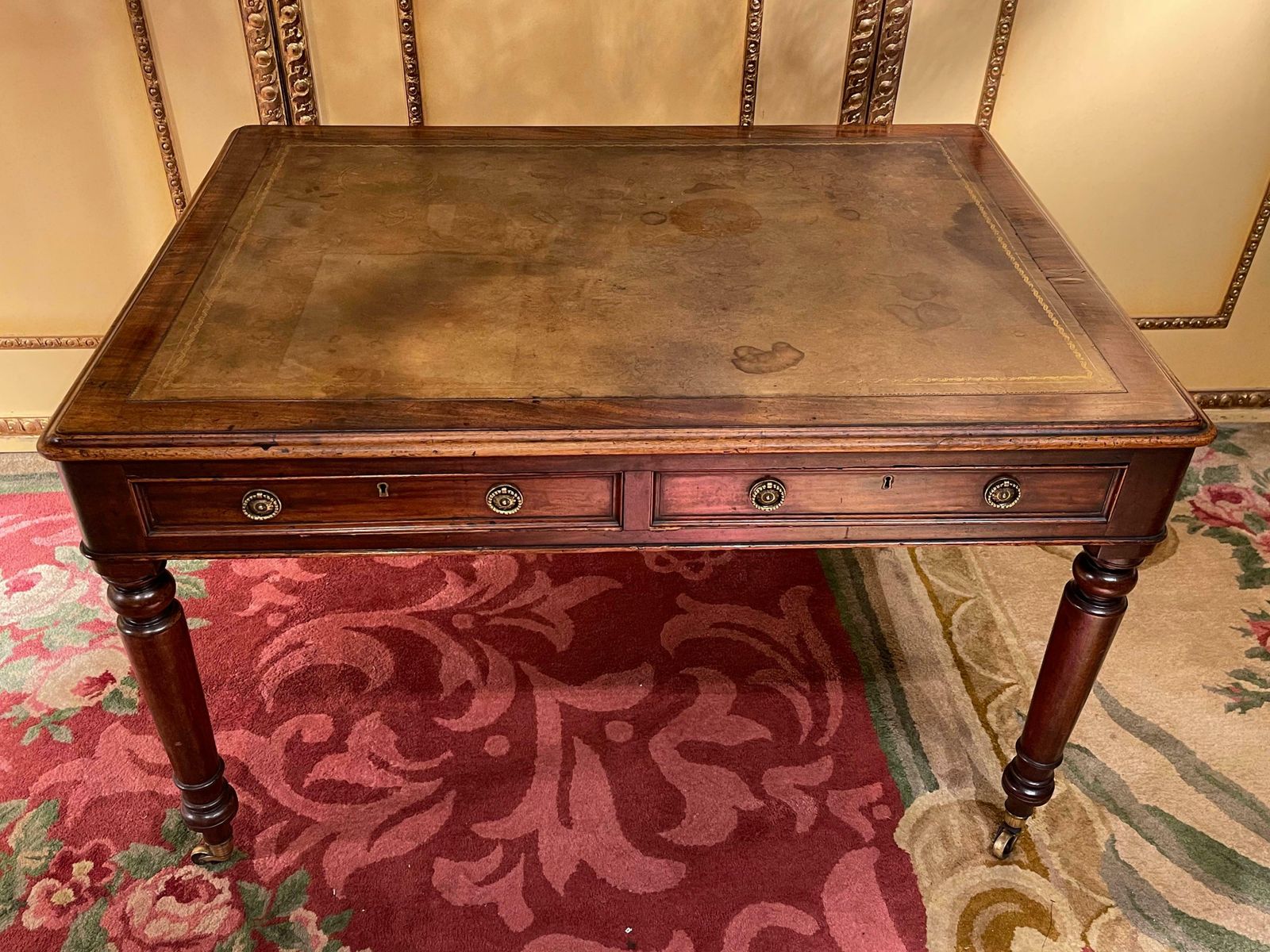19th Century Victorian English Partner Desk Column Shaped Legs Writing Table photo vinterior