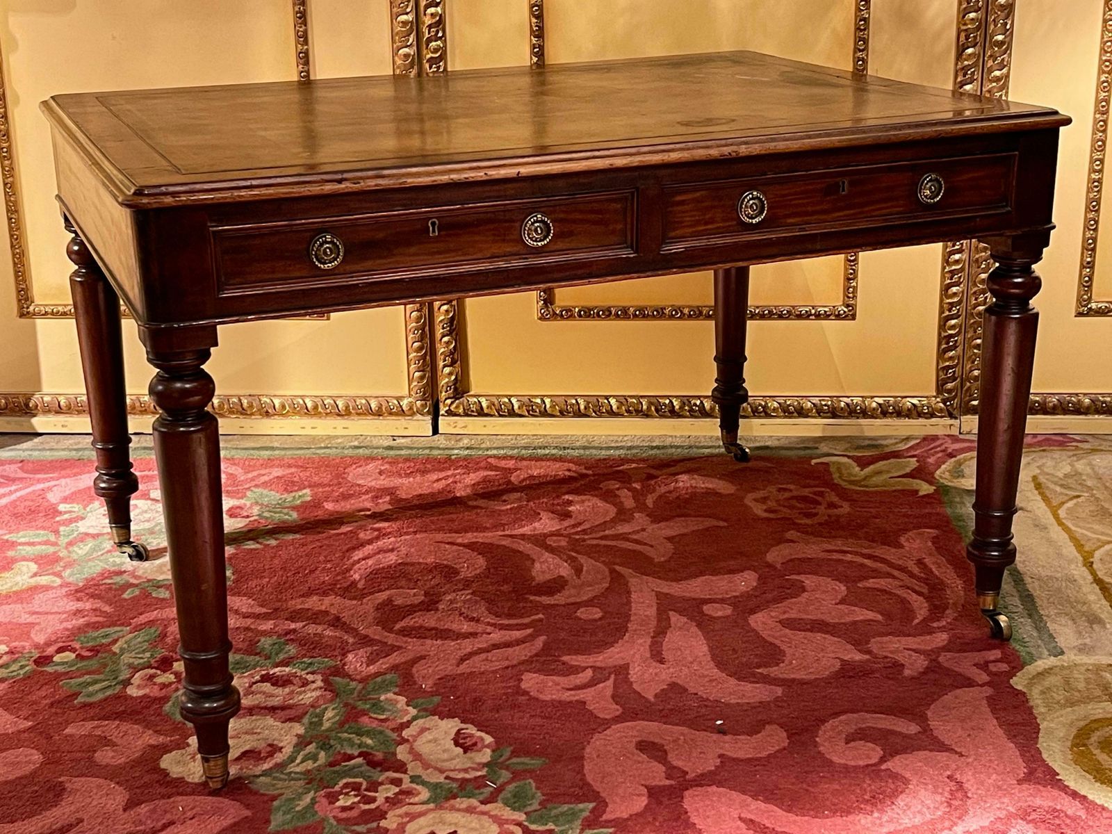 Furniture 19th Century Victorian English Partner Desk Column Shaped Legs Writing Table photo
