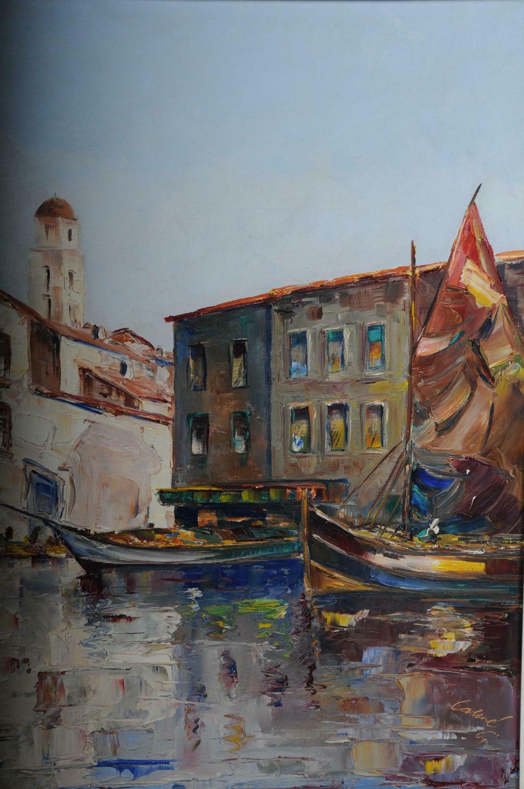 Oil Painting Fish Harbour Of St. Tropez  20th Century photo vinterior
