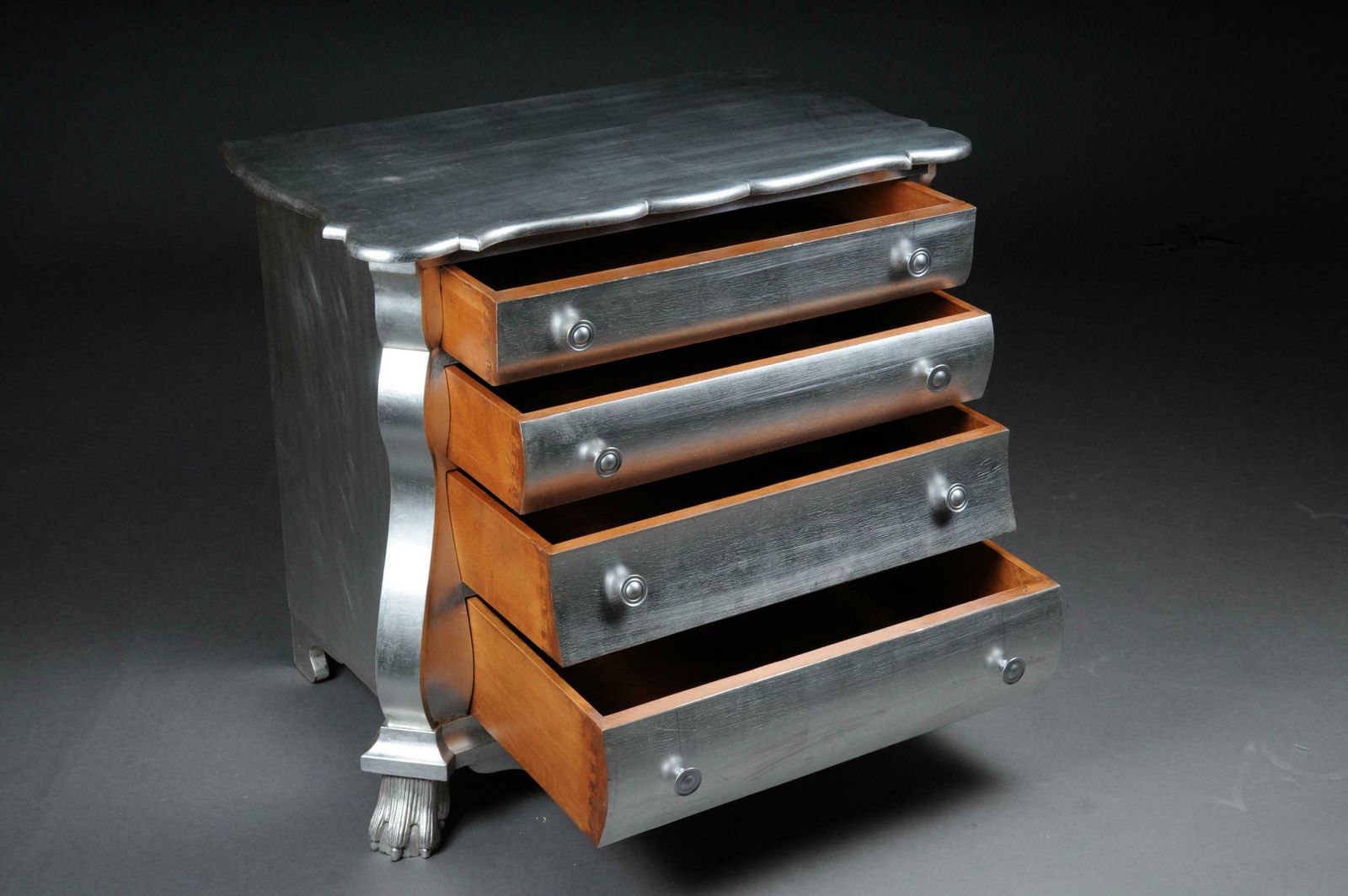Modern Designer Baroque Chest Of Drawers, Silver Leaf photo for sale