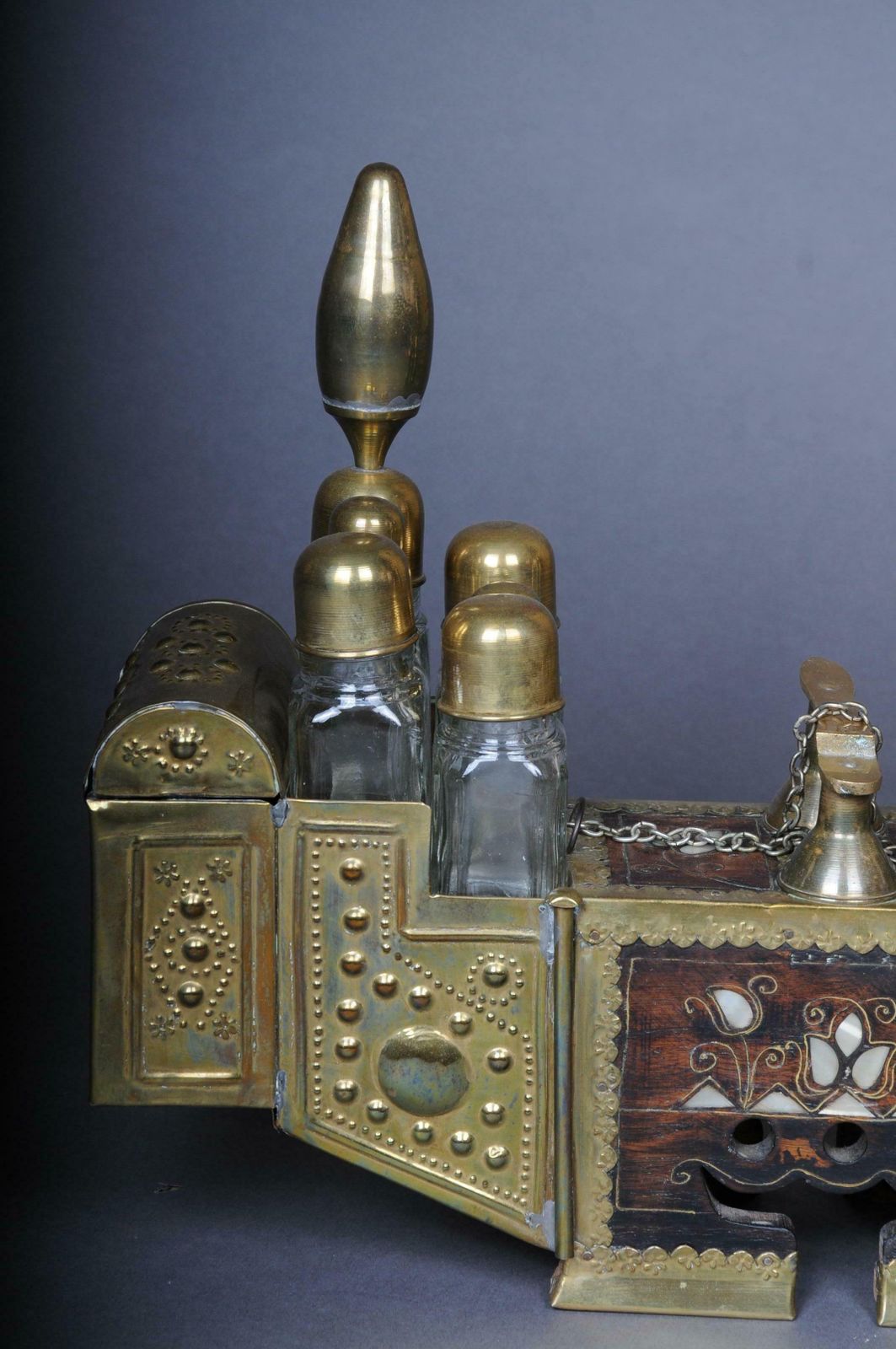Decorative Oriental Shoe Polish Set Brass With Mother Of Pearl, 20th Century photo for sale