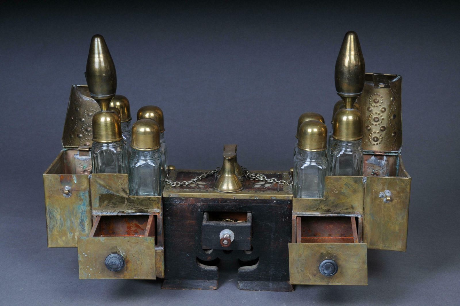 photo for sale Decorative Oriental Shoe Polish Set Brass With Mother Of Pearl, 20th Century