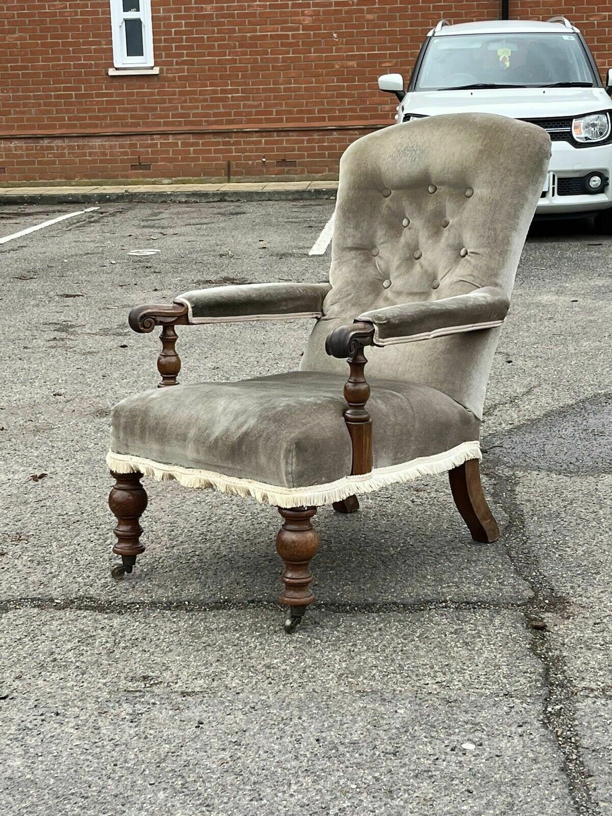 Victorian Library Armchair With Mahogany Frame, On Brass Castors. photo for sale