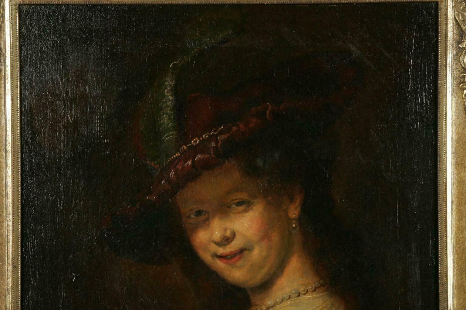 19th Century Barock Style Oil Painting Saskia Smiling With Feather Bar photo 1134.0