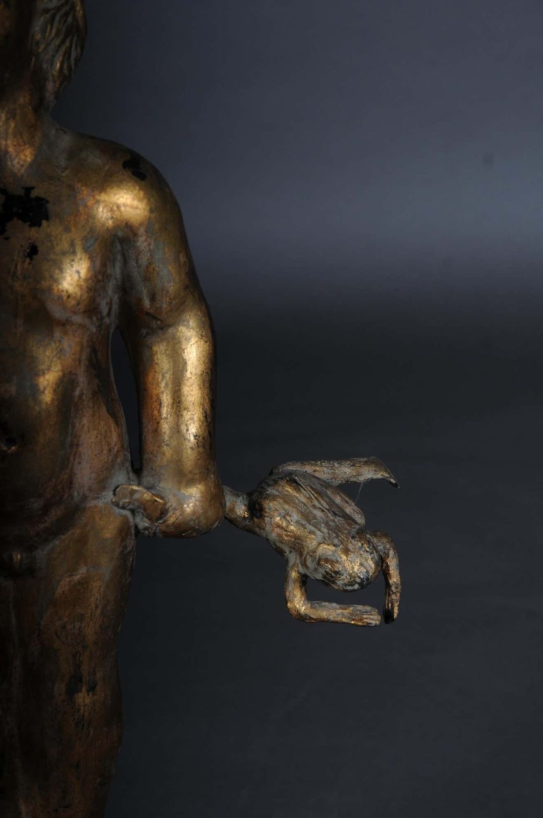20th Century Unique Sculpture Of A Putto With Frogs, Gold photo Art