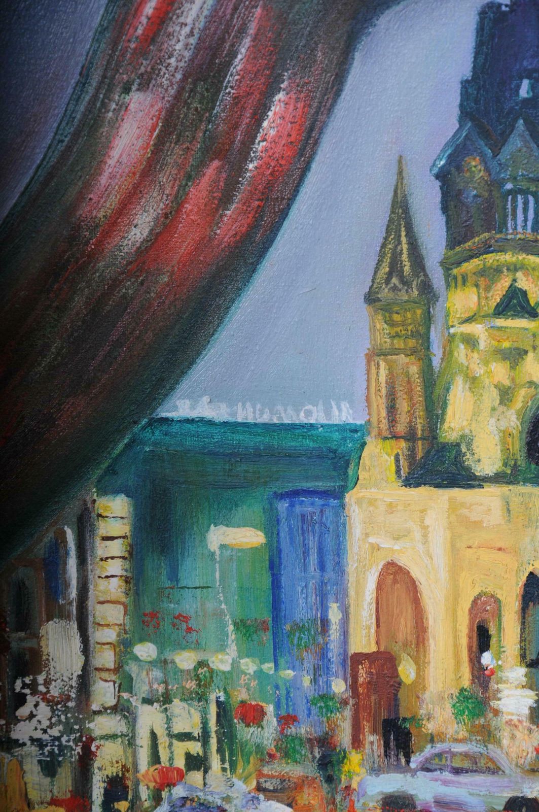 photo vintage Painting Berlin City West View Kudamm / Kurfürstendamm Sign. A. Zaher