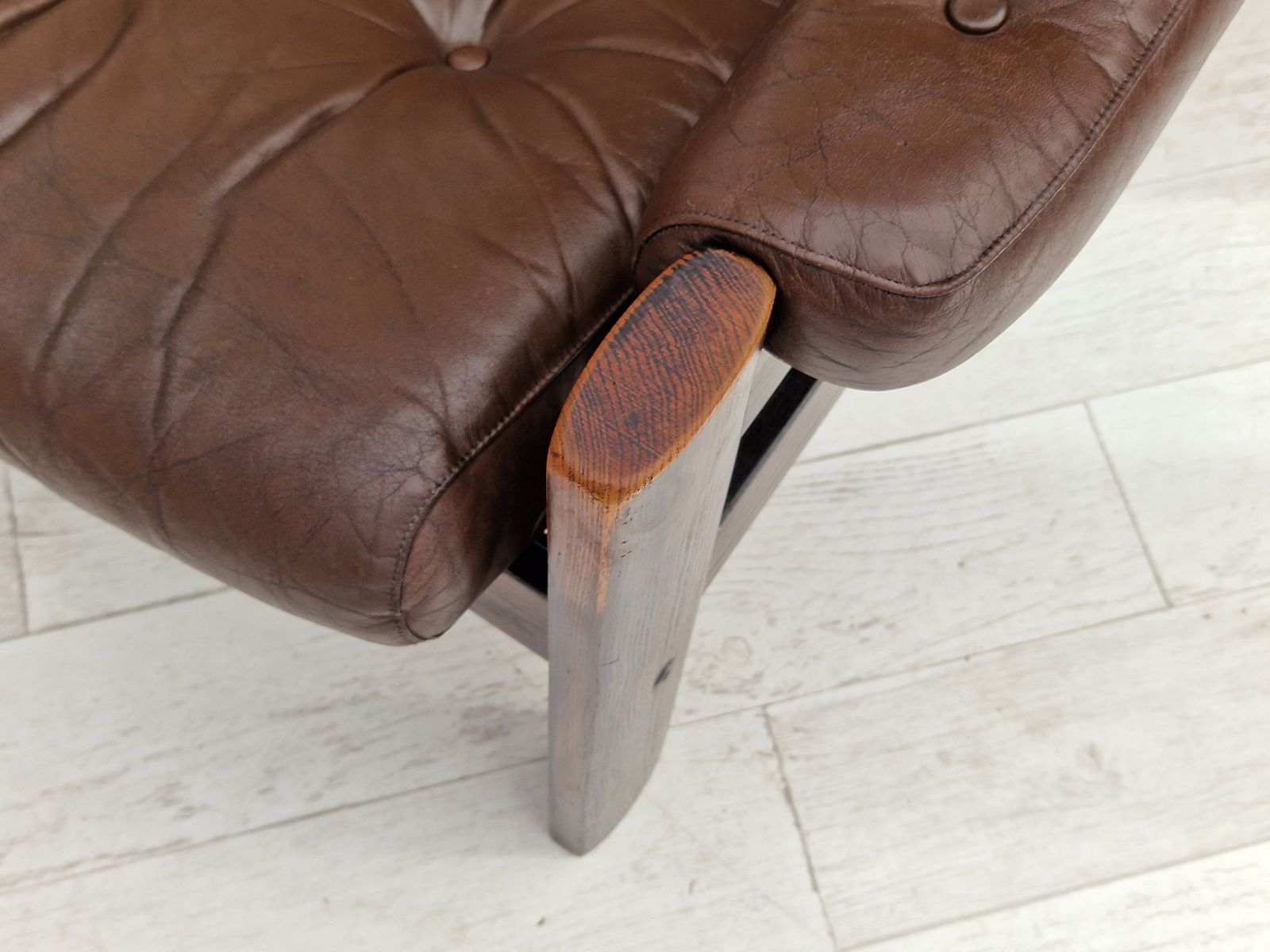 Furniture 1970s, Scandinavian Adjustable Lounge Chair, Brown Leather, Oak Wood. photo